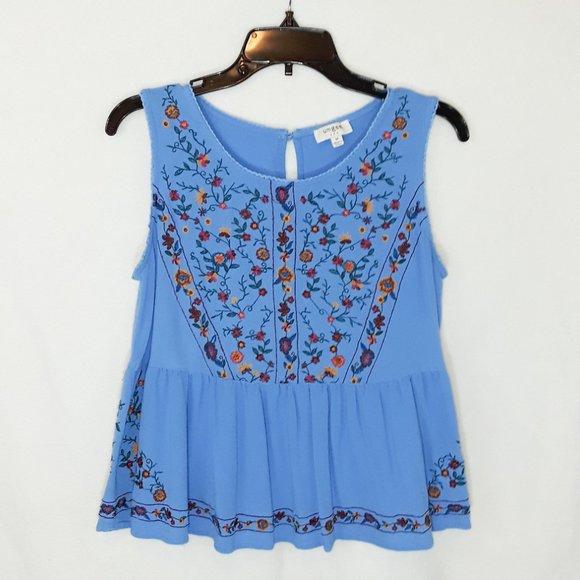 Vintage 90's Umgee Blue Floral Embroidered Flowy Peplum Sleeveless Crop Top M - Picture 6 of 13